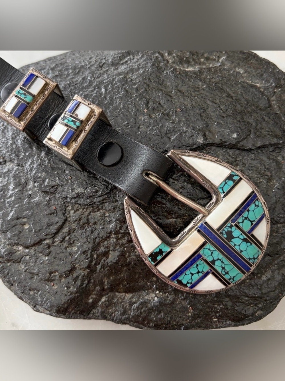 Vintage Navajo Native American Inlaid Ranger Belt Buckle Set - Picture 1 of 16